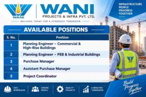 Wani Projects and Infra Recruitment 2026 – Planning, Purchase & Project Coordinator Jobs